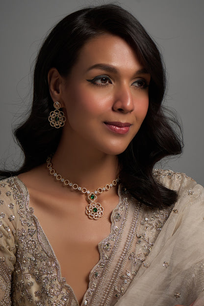 Gold Finish Zircon & Green Stone Necklace Set