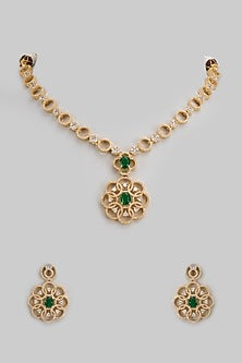 Gold Finish Zircon & Green Stone Necklace Set