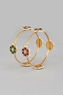 Gold Finish Kundan Polki Bangles (Set of 2)
