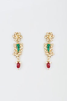 Gold Finish Red & Green Kundan Polki Dangler Earrings