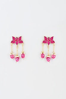 Gold Finish Red Kundan Polki Lotus Dangler Earrings