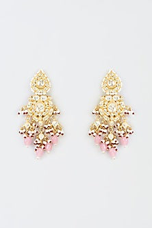 Gold Finish Pink Kundan Polki Dangler Earrings With Maang Tikka