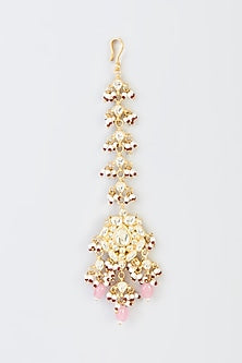 Gold Finish Pink Kundan Polki Dangler Earrings With Maang Tikka