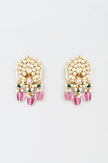 Gold Finish Kundan Polki & Pink Drop Dangler Earrings