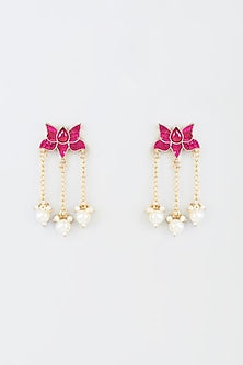 Gold Finish Red Kundan Polki Lotus Dangler Earrings