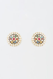 Gold Finish Navratna Stone & Kundan Polki Stud Earrings