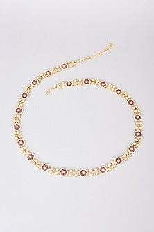 Gold Finish Red Kundan Polki Waist Belt