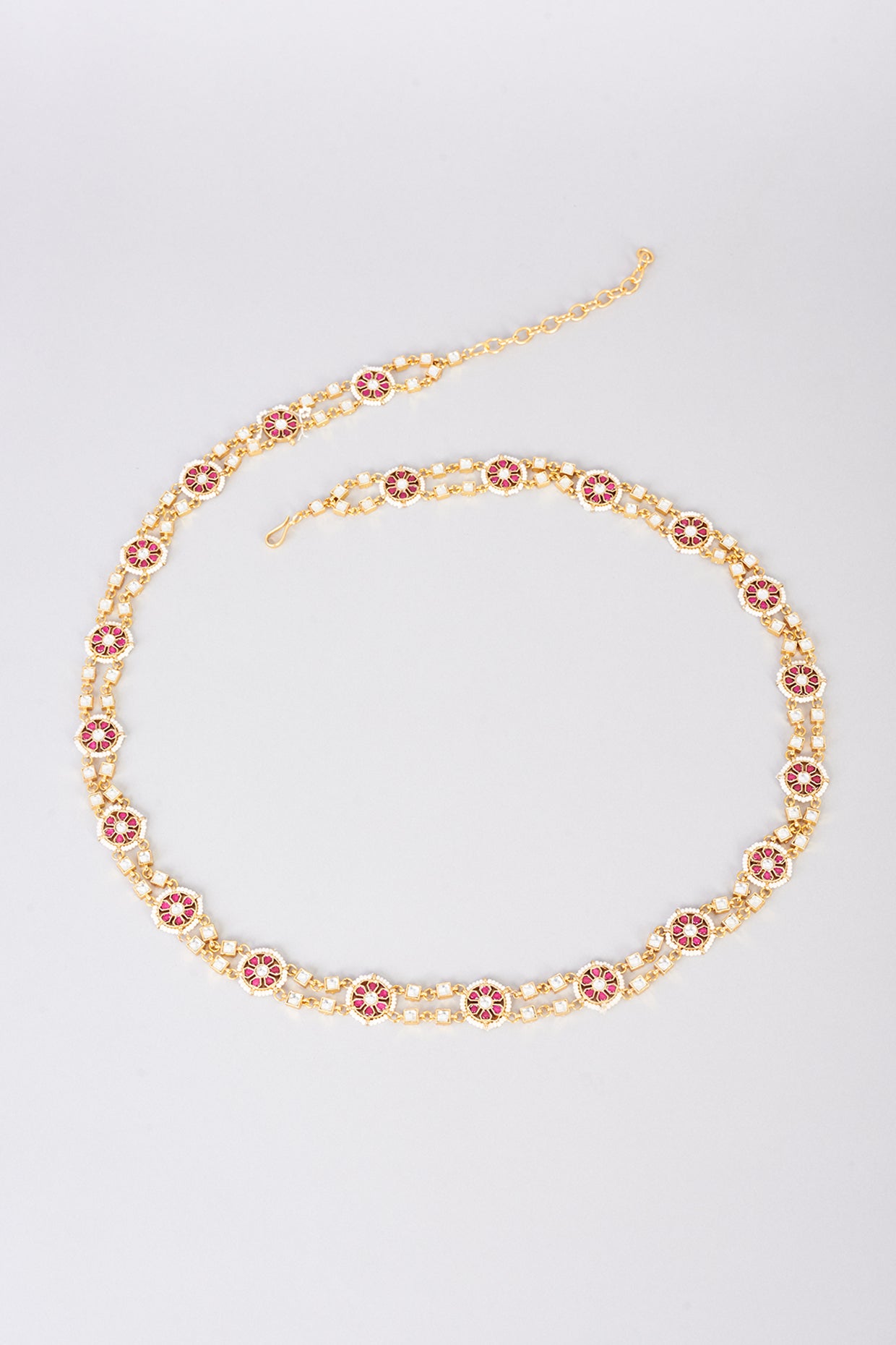 Gold Finish Red Kundan Polki Waist Belt