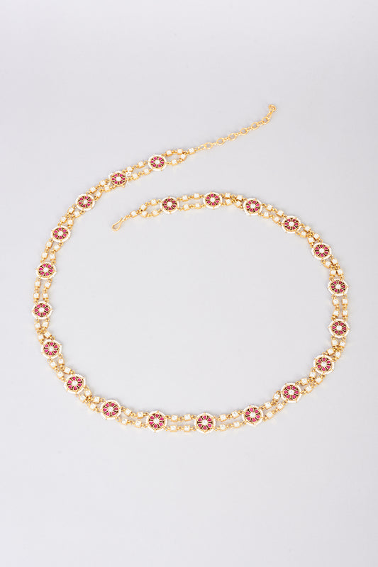 Gold Finish Red Kundan Polki Waist Belt