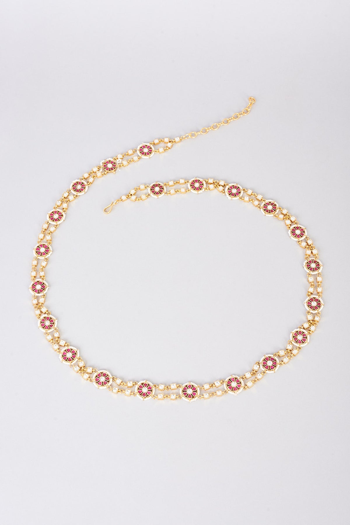 Gold Finish Red Kundan Polki Waist Belt