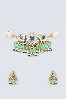 Gold Finish Kundan Polki & Drop Choker Necklace Set