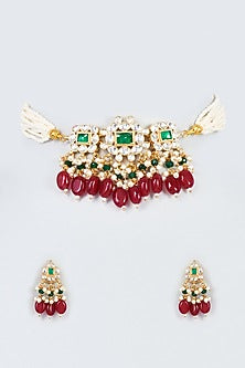Gold Finish Kundan Polki & Drop Choker Necklace Set