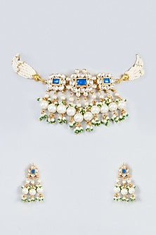 Gold Finish Kundan Polki & Pearl Drop Choker Necklace Set