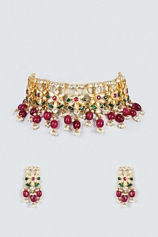 Gold Finish Kundan Polki & Red Drop Choker Necklace Set