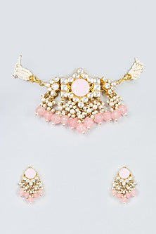 Gold Finish Pink Kundan Polki Choker Necklace Set