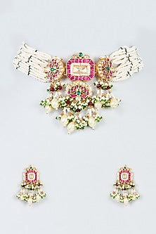 Gold Finish Red Kundan Polki Choker Necklace Set