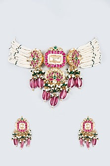 Gold Finish Red Kundan Polki Choker Necklace Set
