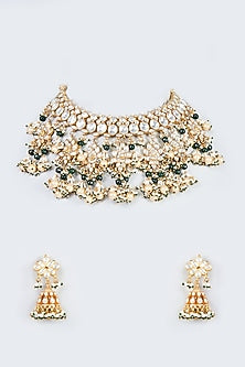 Gold Finish White Kundan Polki Choker Necklace Set