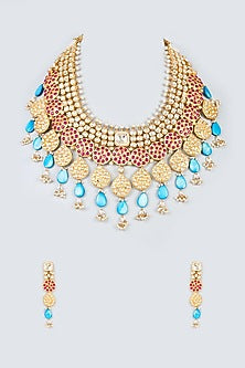 Gold Finish Multi-Colored Kundan Polki Long Necklace Set
