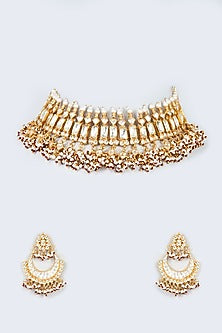Gold Finish White Kundan Polki Necklace Set