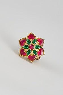Gold Finish Multi-Colored Kundan Polki Floral Ring