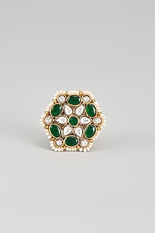 Gold Finish Green Kundan Polki Floral Ring