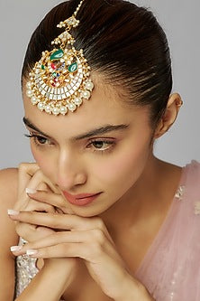 Gold Finish Multi-Colored Kundan Polki & Mother Of Pearl Maang Tikka