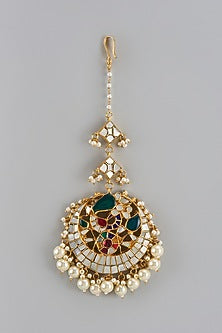 Gold Finish Multi-Colored Kundan Polki & Mother Of Pearl Maang Tikka