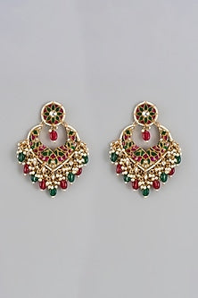 Gold Finish Multi-Colored Kundan Polki Chandbali Earrings