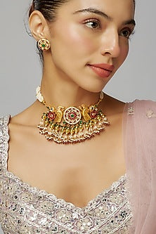 Gold Finish Multi-Colored Kundan Polki Choker Necklace Set