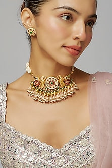 Gold Finish Multi-Colored Kundan Polki Choker Necklace Set