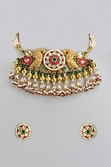 Gold Finish Multi-Colored Kundan Polki Choker Necklace Set