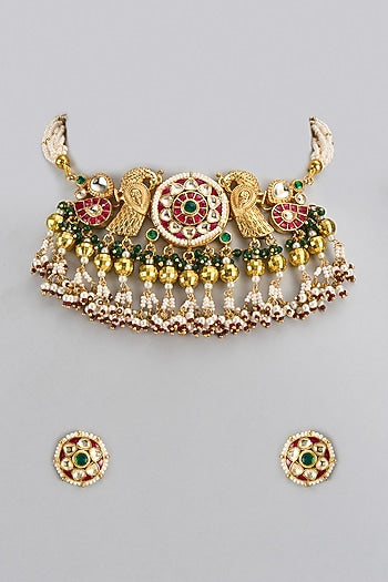Gold Finish Multi-Colored Kundan Polki Choker Necklace Set