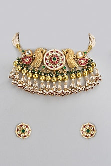Gold Finish Multi-Colored Kundan Polki Choker Necklace Set