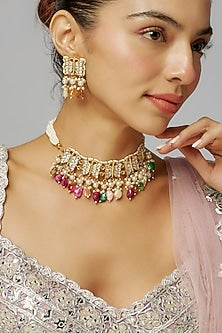Gold Finish Multi-Colored Drop & Kundan Polki Butterfly Necklace Set