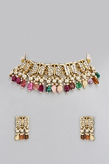 Gold Finish Multi-Colored Drop & Kundan Polki Butterfly Necklace Set