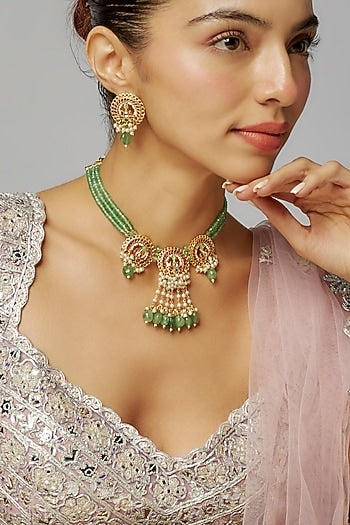 Gold Finish Multi-Colored Kundan Polki Necklace Set