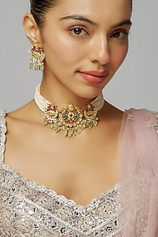 Gold Finish Multi-Colored Kundan Polki Necklace Set