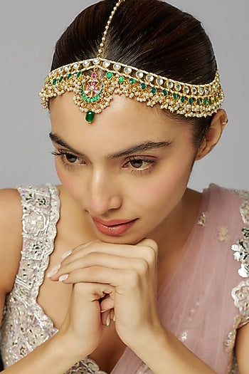 Gold Finish Multi-Colored Kundan Polki Mathapatti