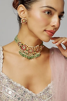 Gold Finish Multi-Colored Kundan Polki Choker Necklace Set