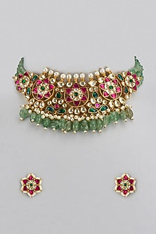 Gold Finish Multi-Colored Kundan Polki Choker Necklace Set