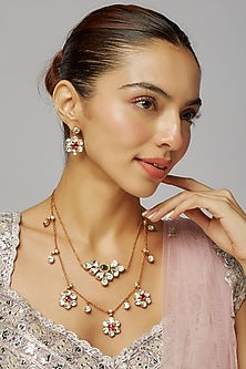 Gold Finish Multi-Colored Kundan Polki Layered Necklace Set
