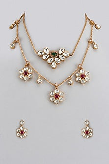 Gold Finish Multi-Colored Kundan Polki Layered Necklace Set