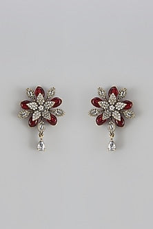 White Finish Red Zircon Stud Earrings