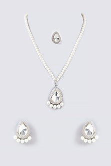 White Finish Kundan Polki & Beaded Long Necklace Set