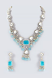 White Finish Blue Drop & Kundan Polki Long Necklace Set