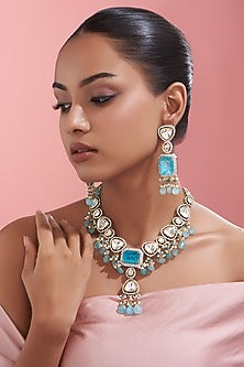 White Finish Blue Drop & Kundan Polki Long Necklace Set