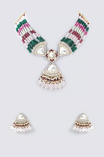White Finish Multi-Colored Kundan Polki Choker Necklace Set