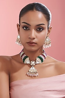 White Finish Multi-Colored Kundan Polki Choker Necklace Set
