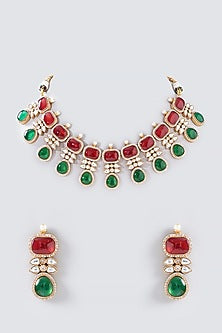 Gold Finish Red & Green Kundan Polki Necklace Set